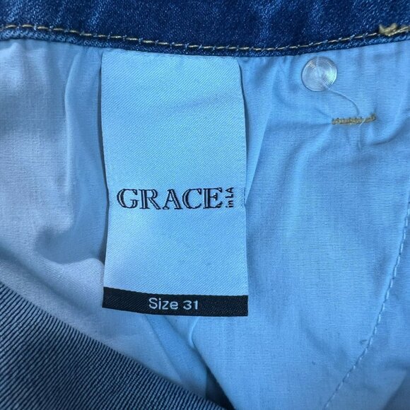 Grace In LA Easy Fit Jeans Womens 31 Blue Stretch Denim Distressed Cropped Capri - Picture 9 of 16